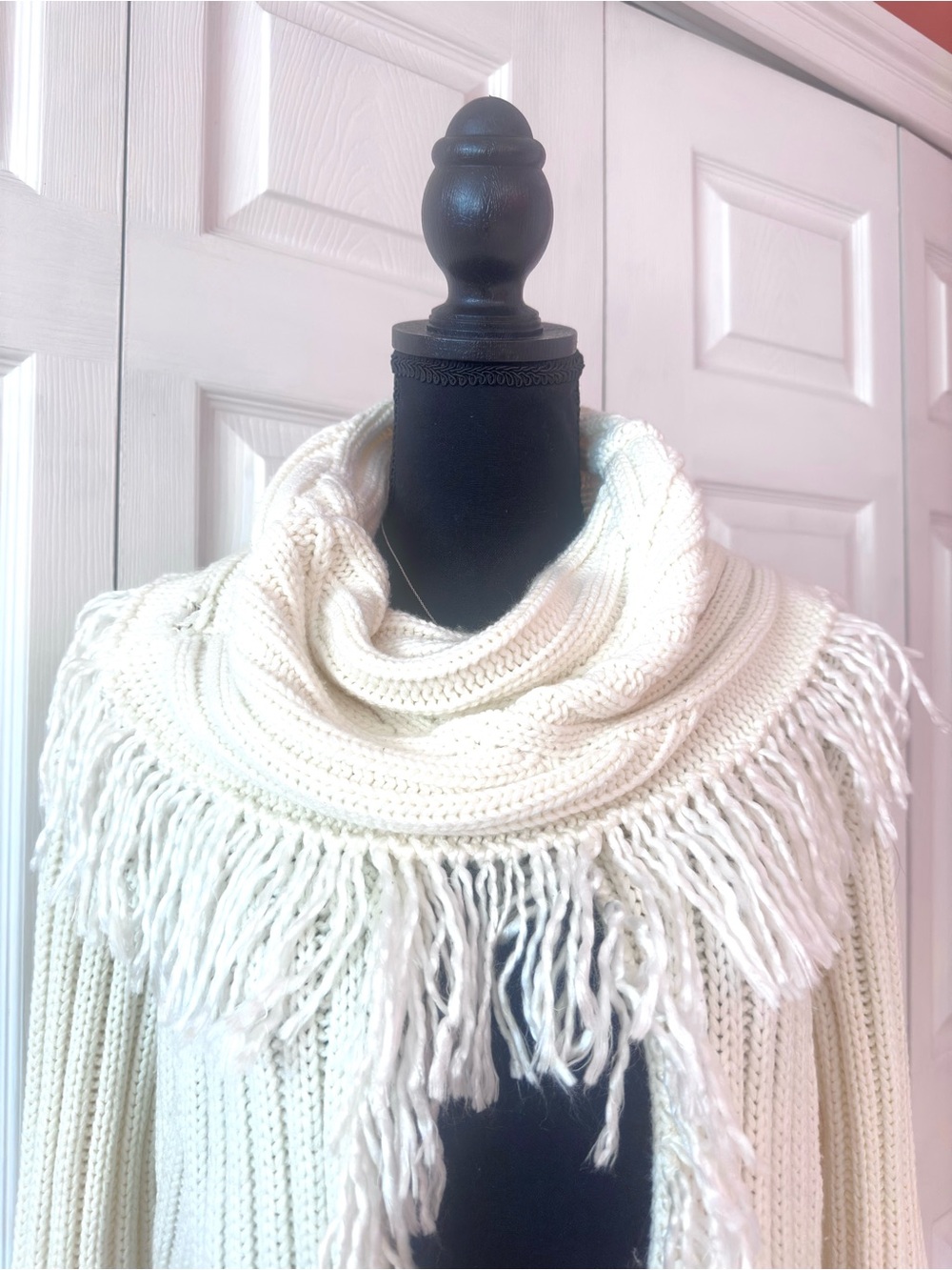 Miss Me Cream Cable Knit Cowl Neck Fringe Bell Sleeve Sweater - Picture 4 of 11